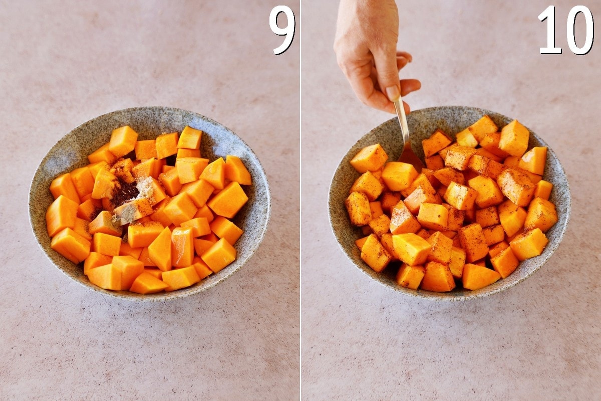 mixing squash cubes with oil and seasonings