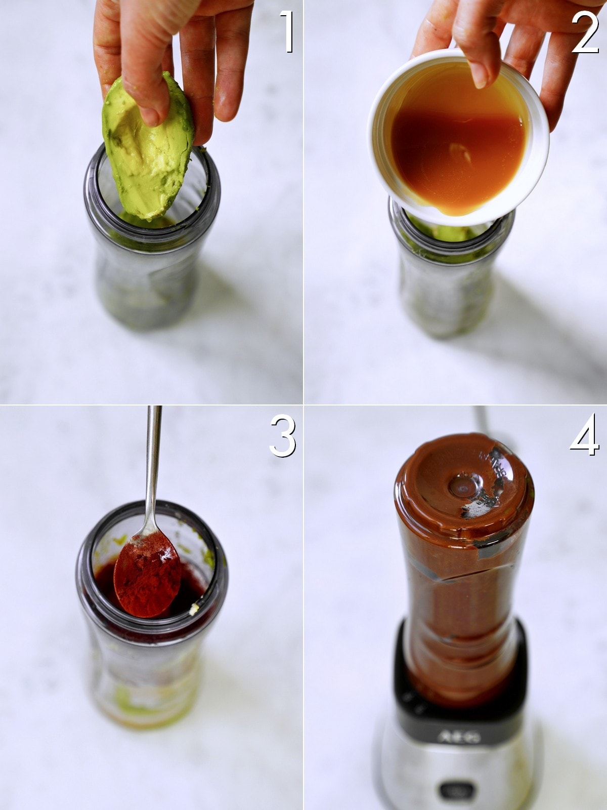 Bildcollage zeigt, wie man Avocado-Schokopudding zubereitet