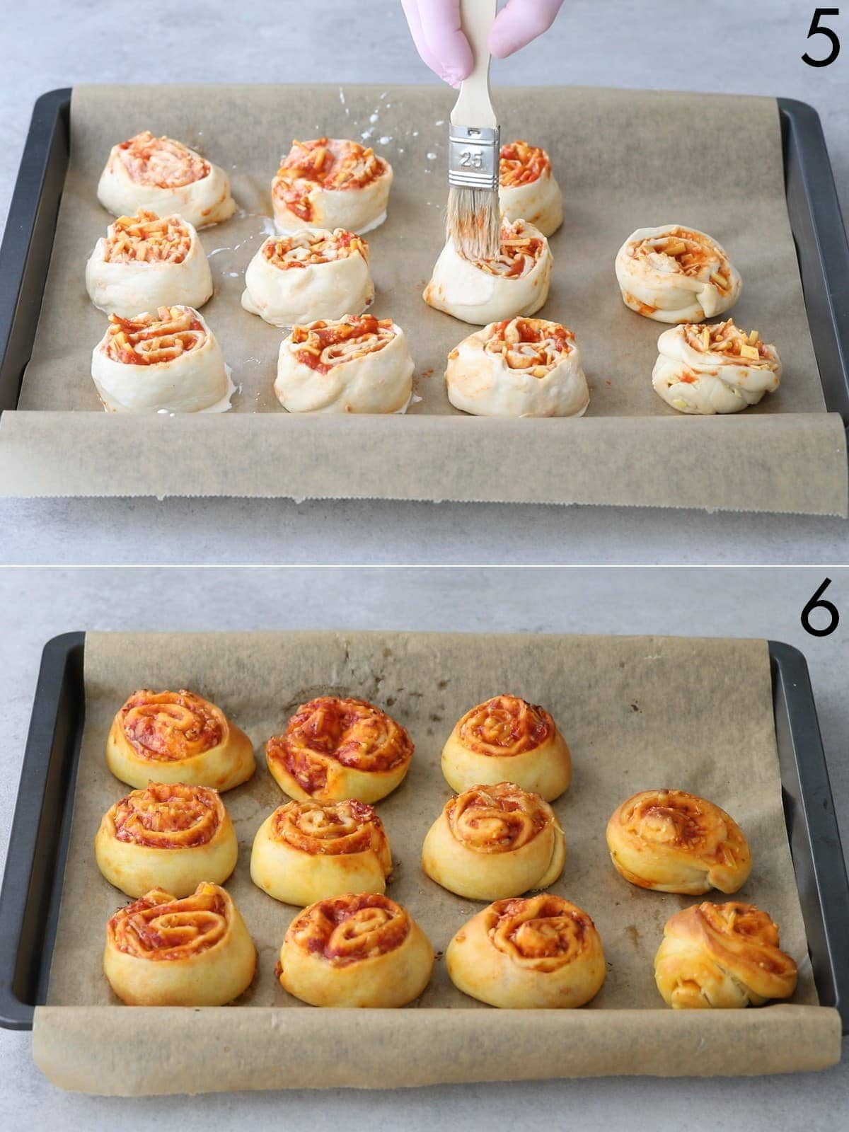Tomaten-Pizzabrötchen auf Backblech vor und nach dem Backen