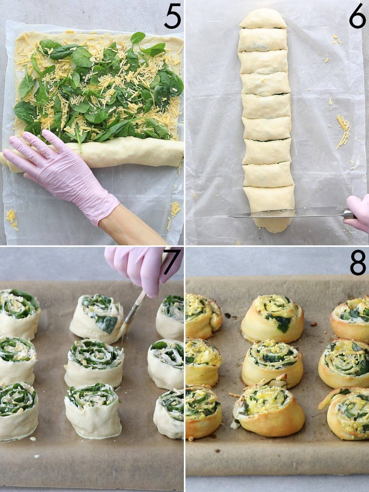 4 Schritt für Schritt Bilder der Herstellung von Spinat-Pizzabrötchen