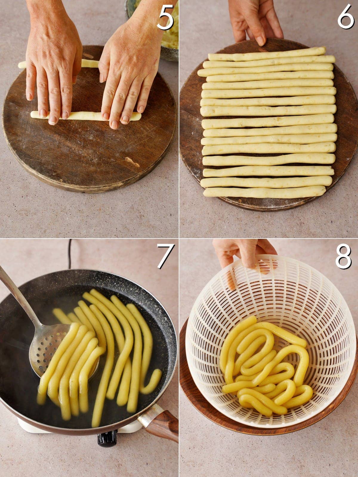 4 Schritt für Schritt-Bilder vom Formen und Kochen von Kartoffel-Nudeln
