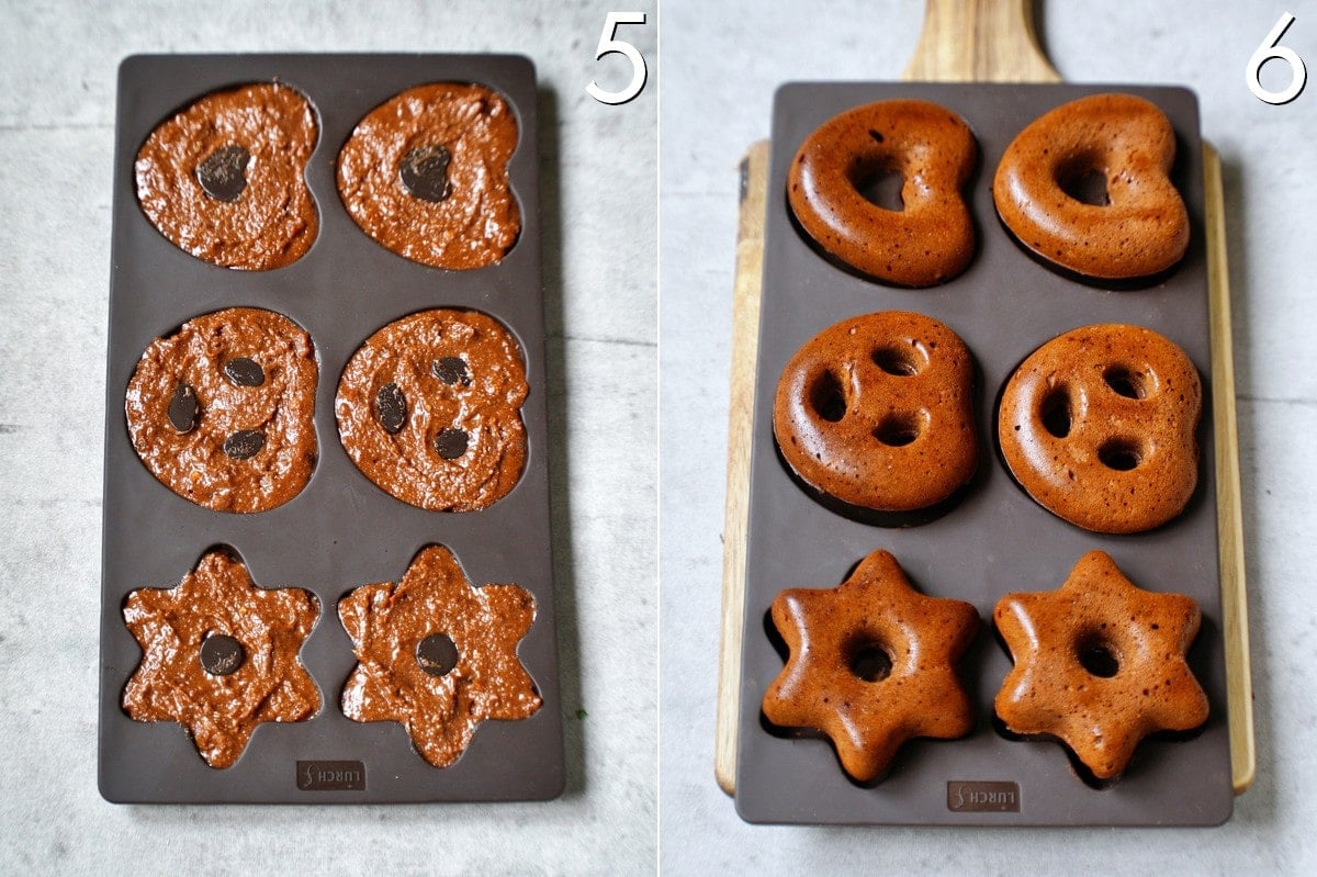 Lebkuchen in black silicone mold before and after baking