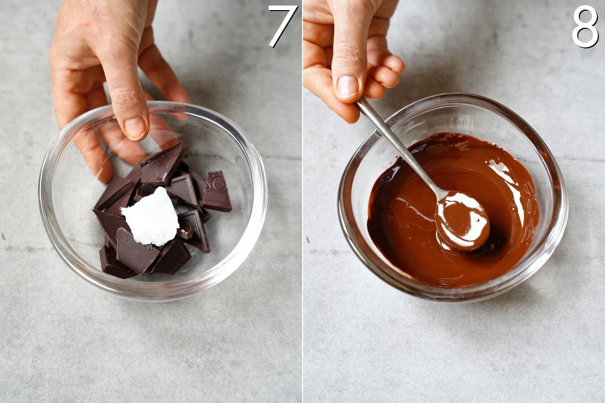 Schokolade und Kokosöl in Schale vor und nach dem Schmelzen