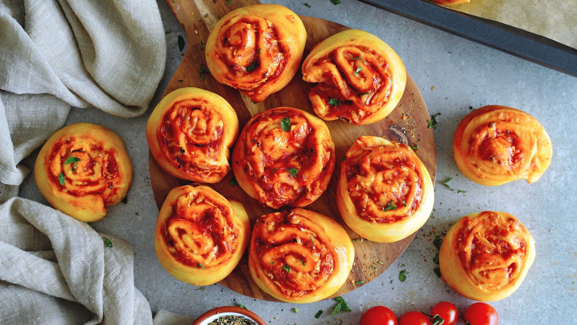 horizontal shot of tomato pizza rolls