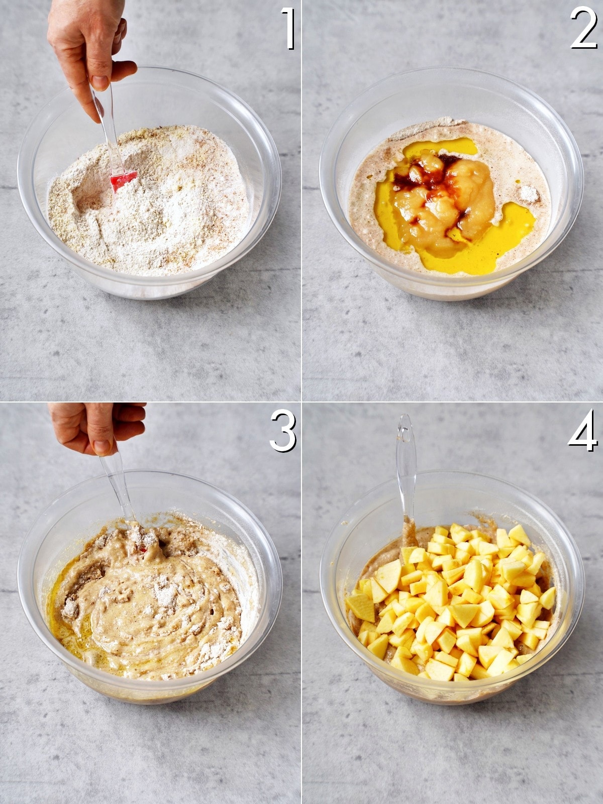 4 Bilder, die Schritt für Schritt zeigen, wie man einen glutenfreien Teig mit Äpfeln macht