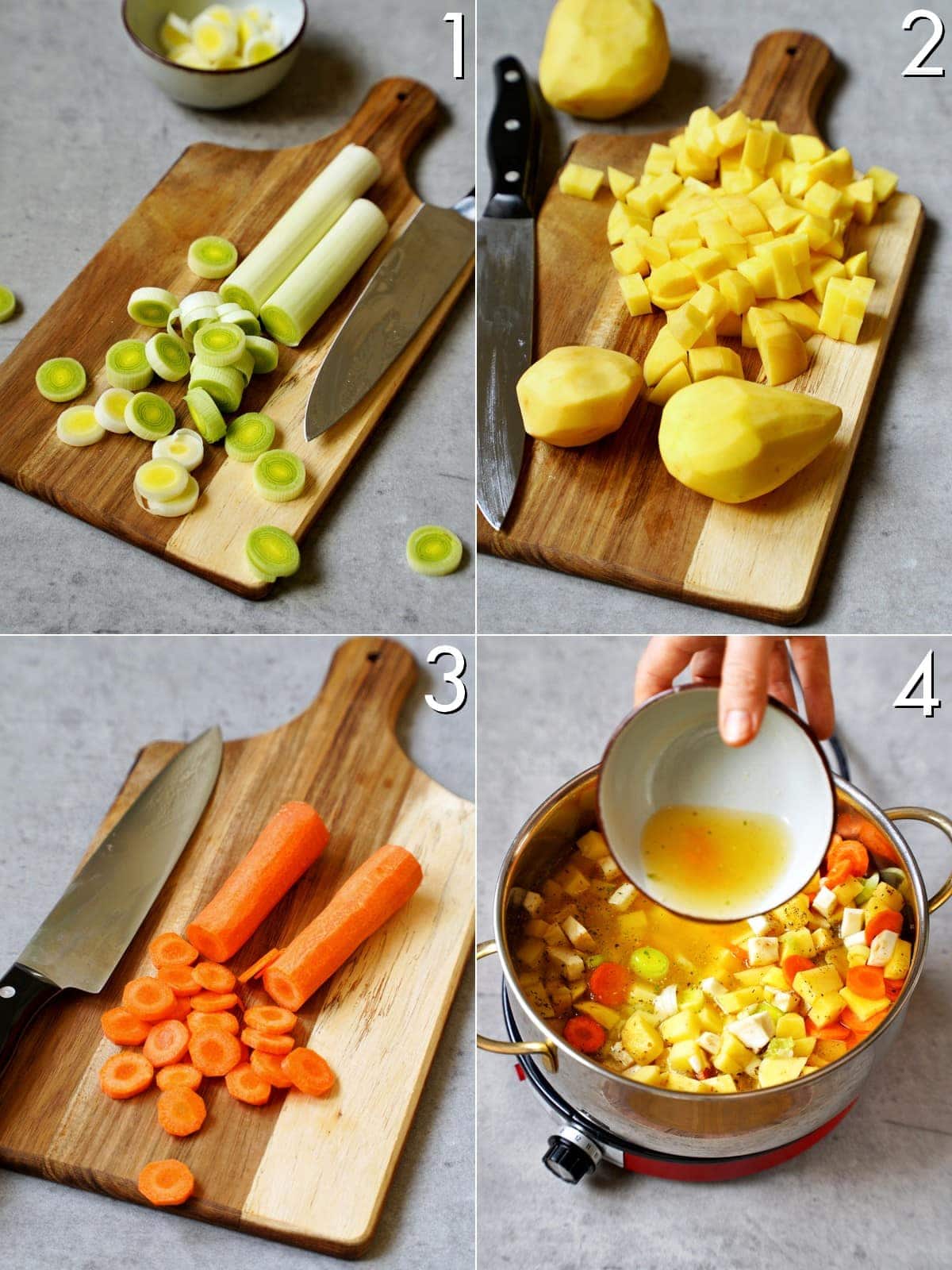 4 Bilder, die Schritt für Schritt zeigen, wie man Gemüse schneidet