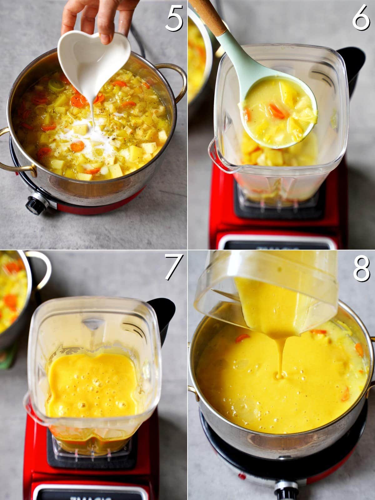 4 step-by-step pictures how to cook and blend potato and leek soup