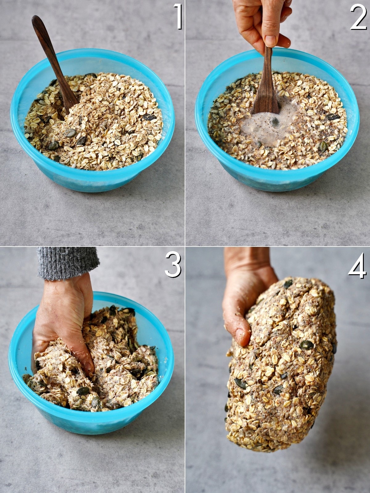 4 Schritt-für-Schritt-Bilder für die Zubereitung von Haferflocken-Saatenbrot