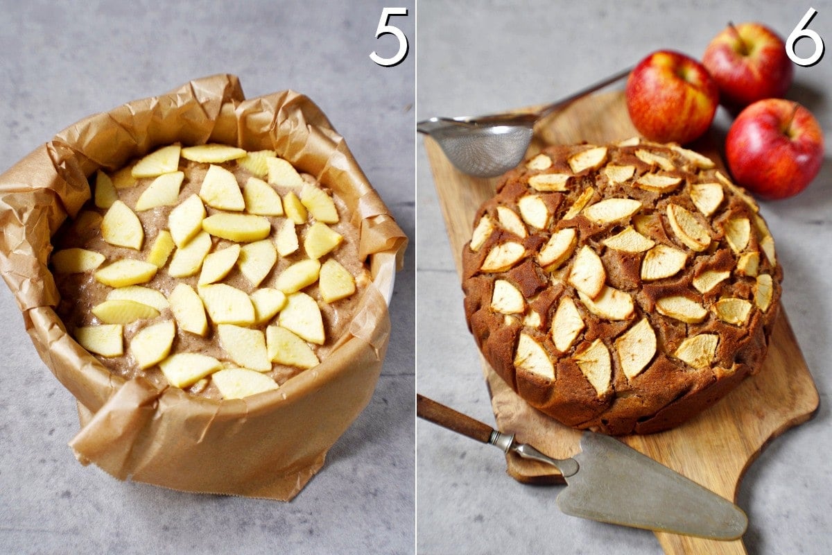 vegan apple cake before and after baking