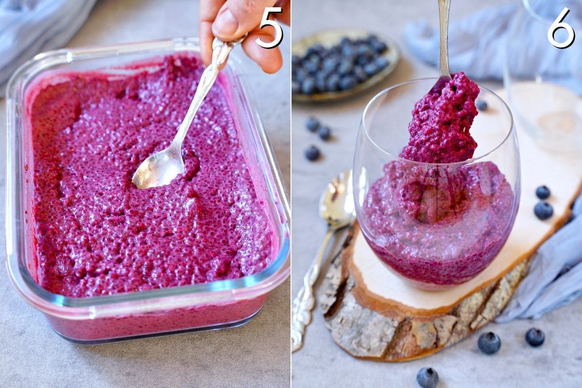 2 step-by-step pics of thickened blueberry chia pudding