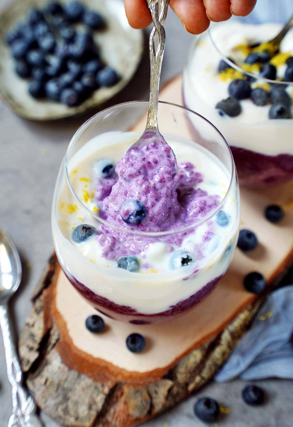 blueberry chia seed pudding in jar from above