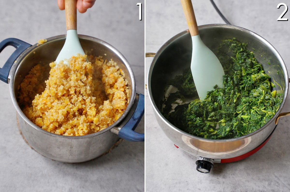 cooking quinoa, lentils, and spinach
