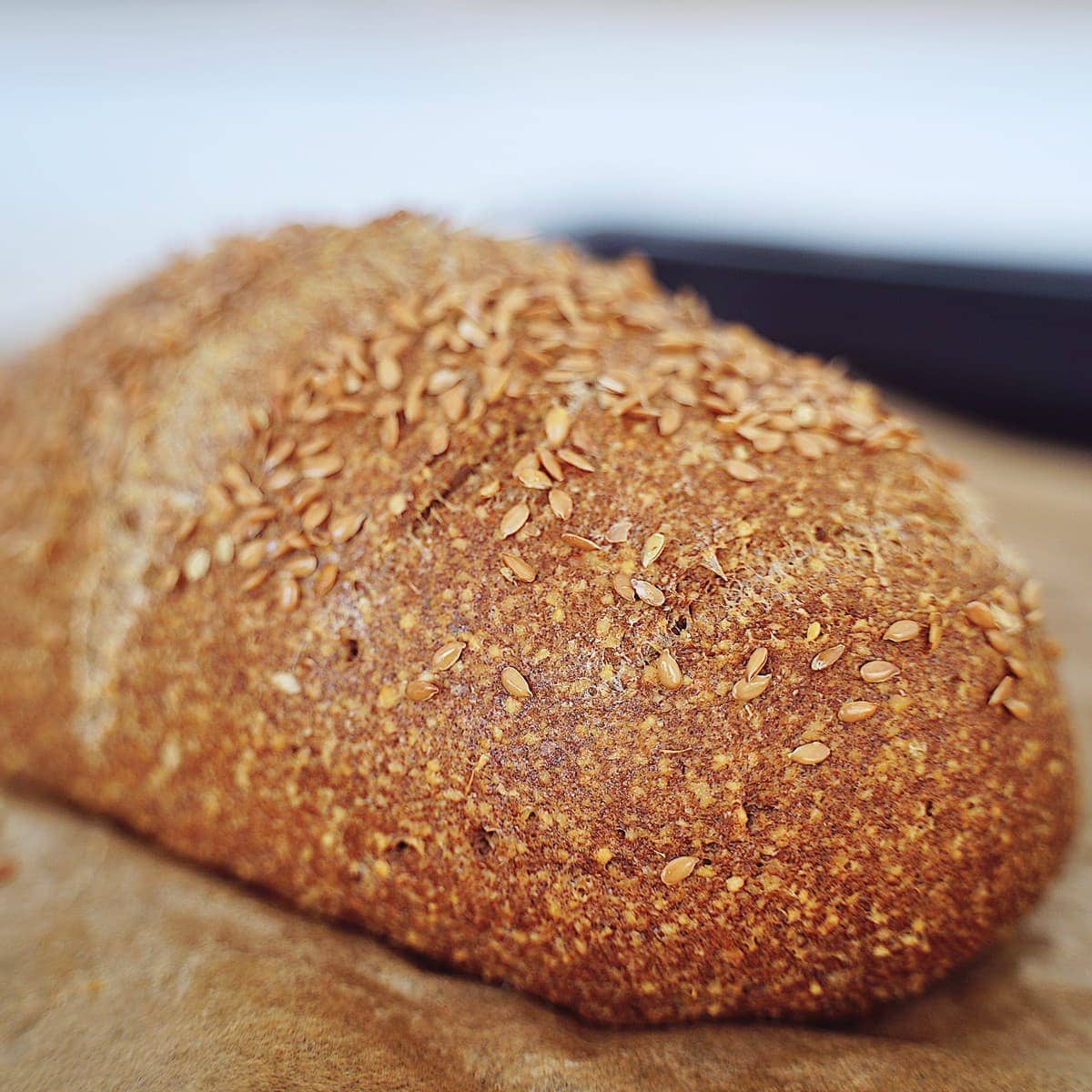 Close-up of a freshly baked loaf of chickpea bread with a golden-brown crust