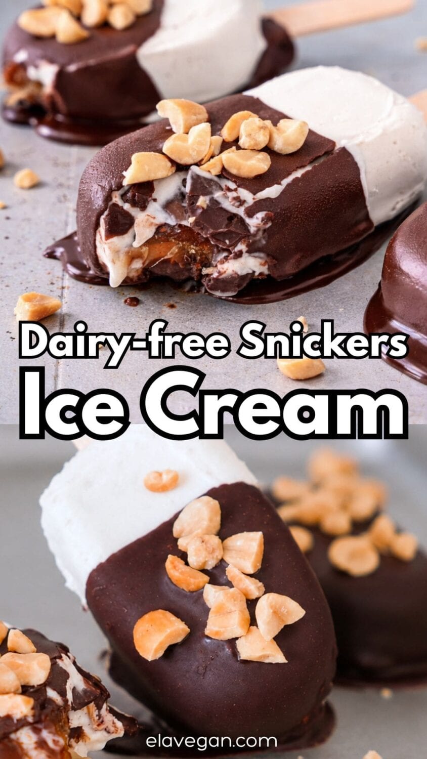 Image of two dairy-free Snickers ice cream bars on sticks. They are half-dipped in chocolate and topped with peanuts