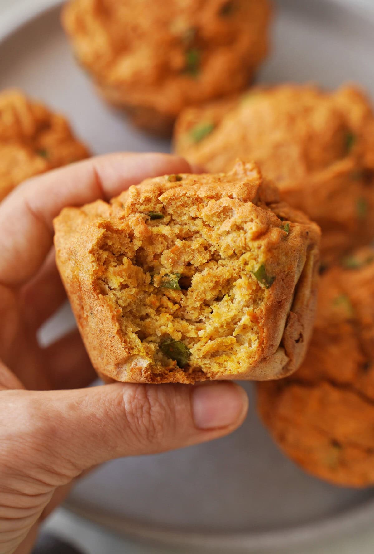Sechs frisch gebackene herzhafte Muffins aus roten Linsen mit frischen Kräutern