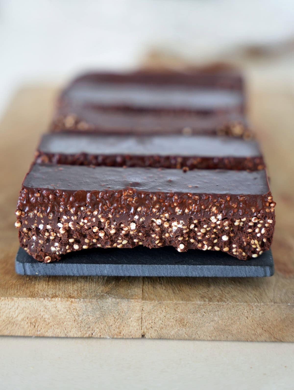 sliced chocolate quinoa bars with a crunchy texture