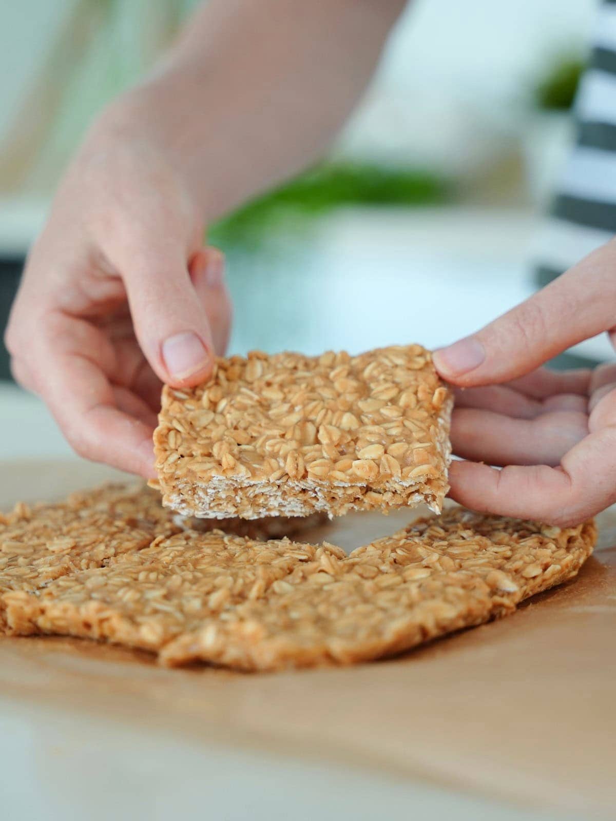 hands hold a peanut butter oatmeal bar