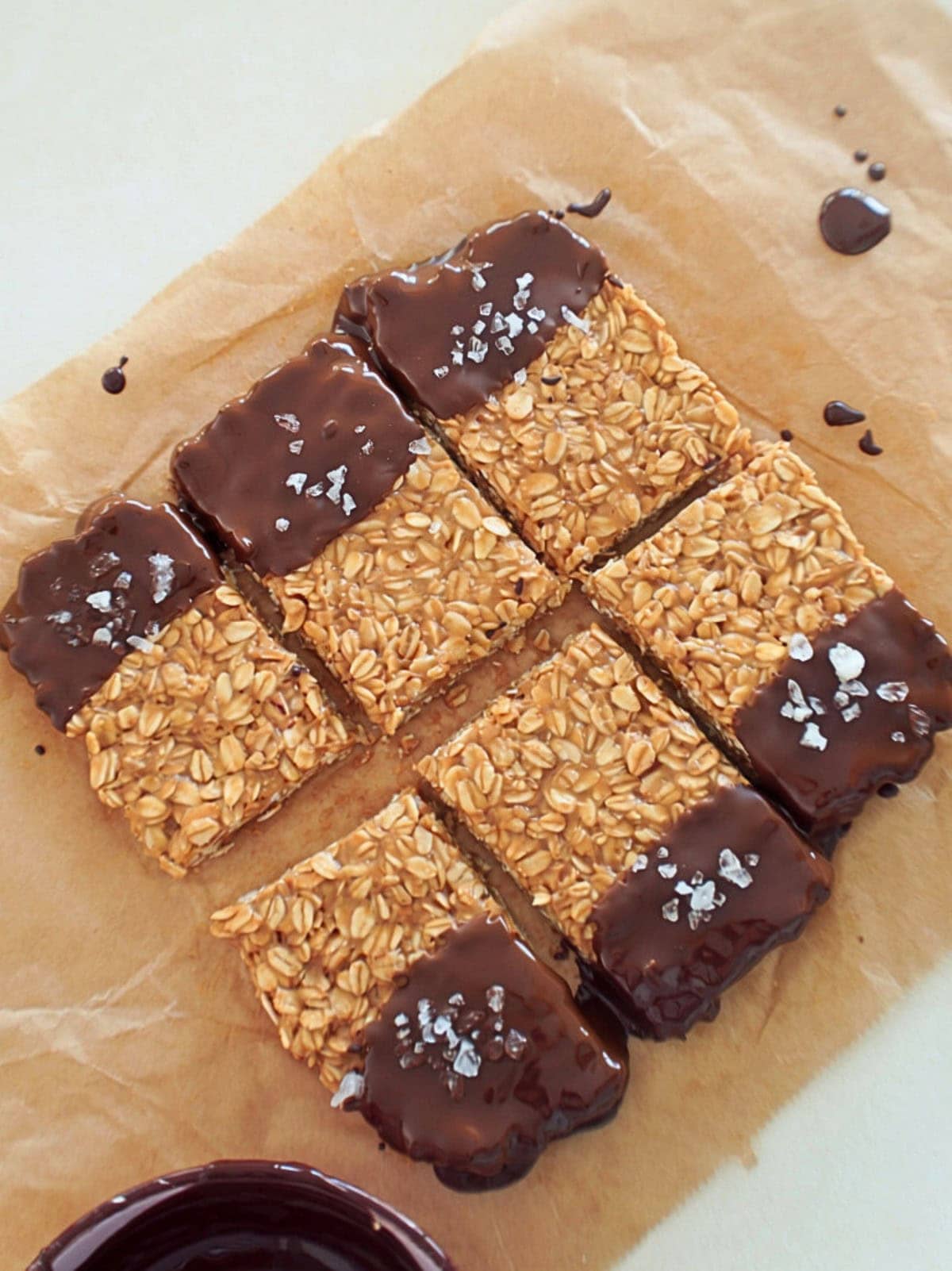top shot of peanut butter oatmeal bars dipped in chocolate.