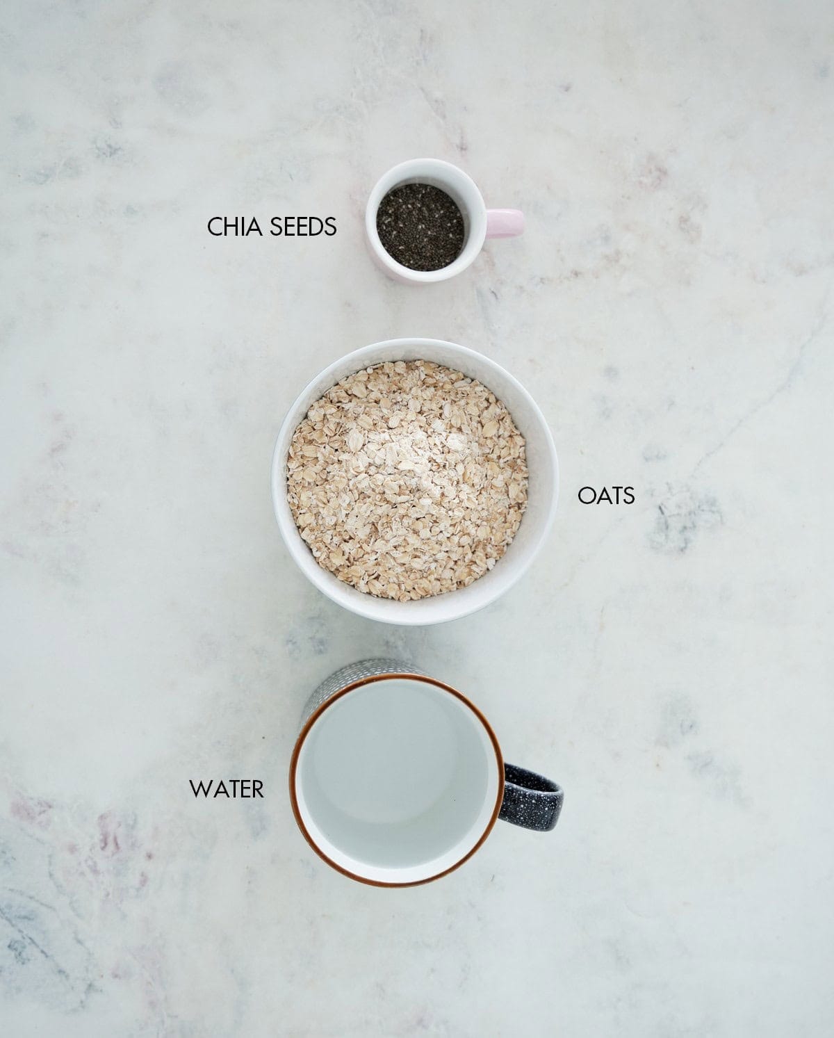 ingredients for chia oat wraps in small bowls.