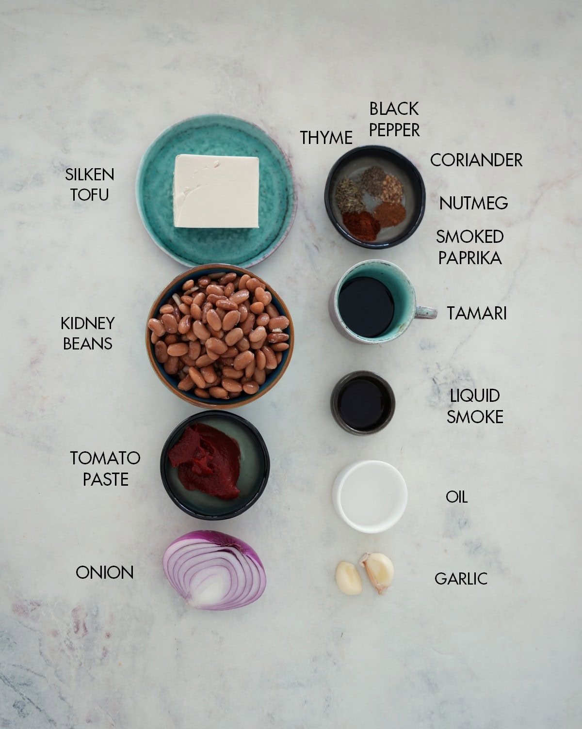 ingredients for plant-based liver wurst in small bowls