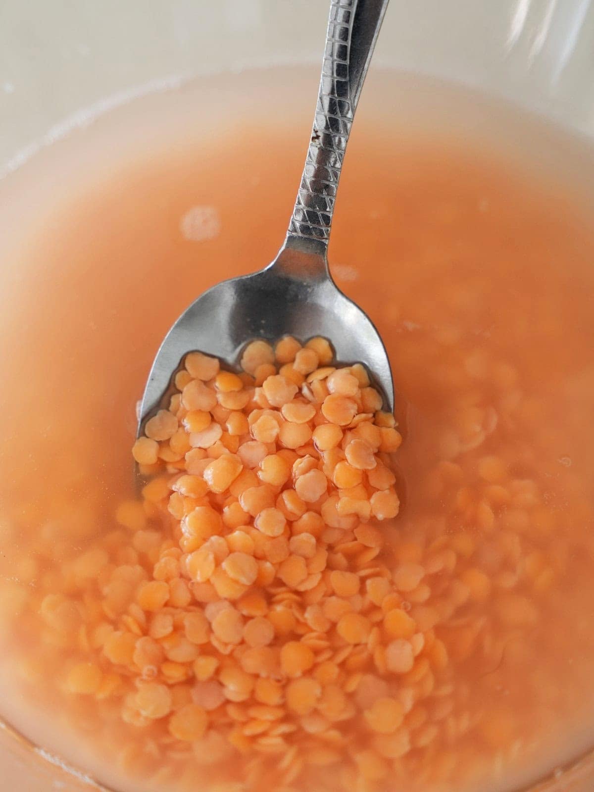 Soaked red lentils in glass bowl with spoon