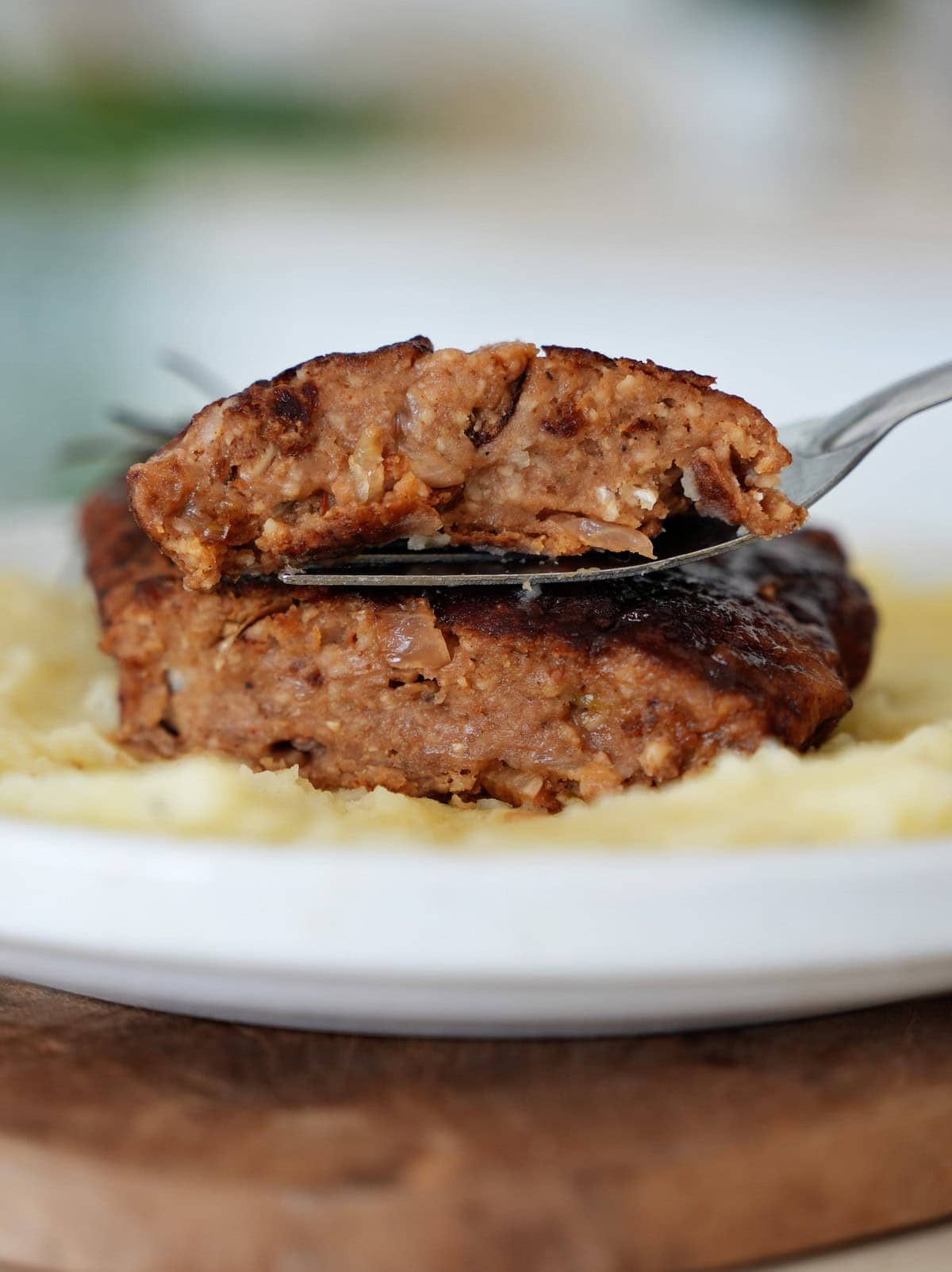 showing the inside of a vegan steak on a fork